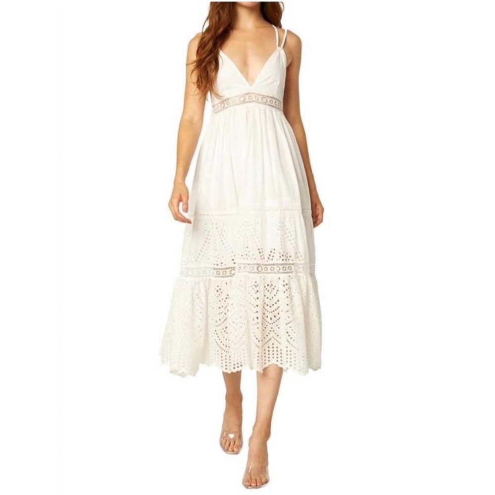 Misa Los Angeles Allegra White Cotton Eyelet Embroidered Midi Dress XL N…